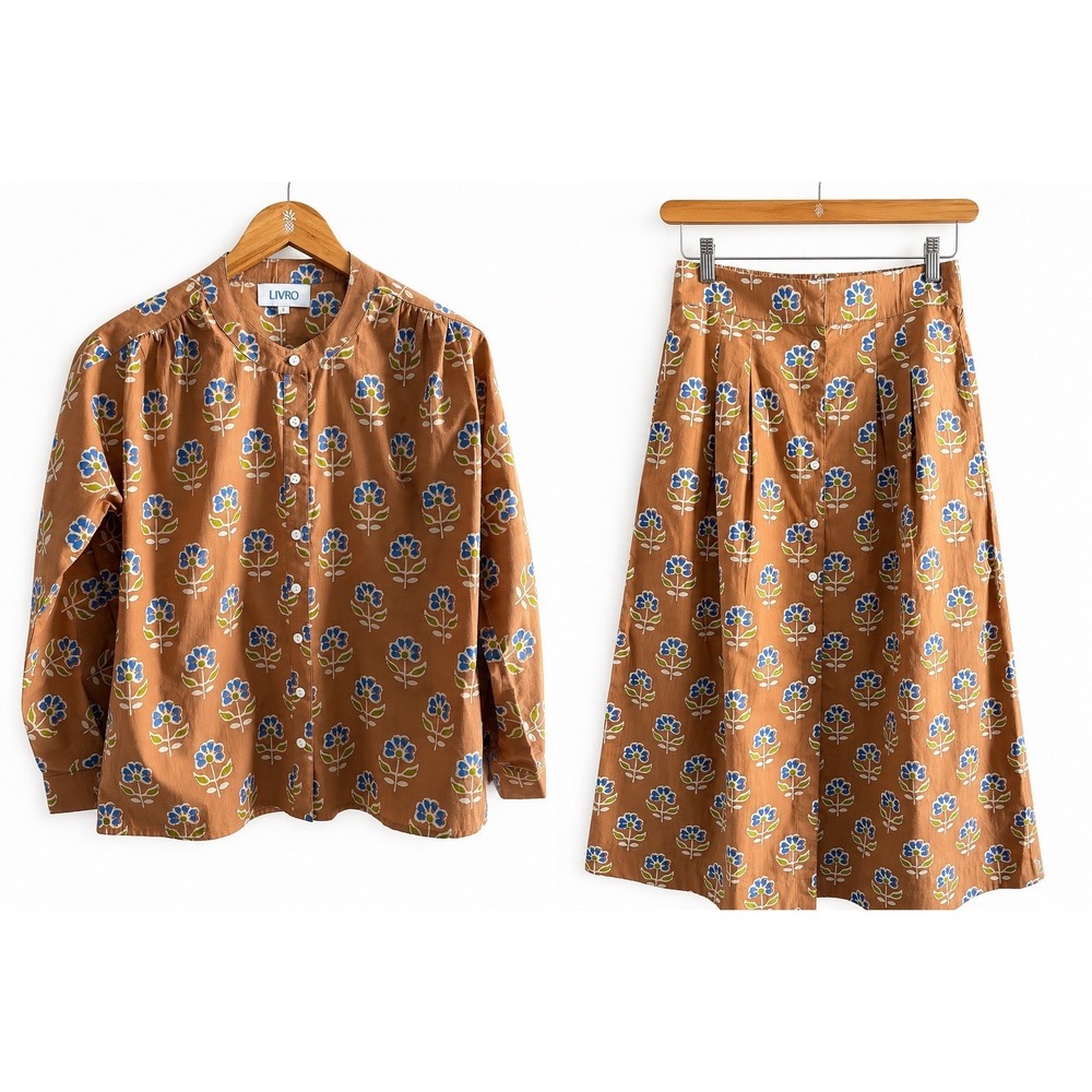 Livro Brown Floral Block Print Button Down Shirt Cotton Band Collar and Skirt
